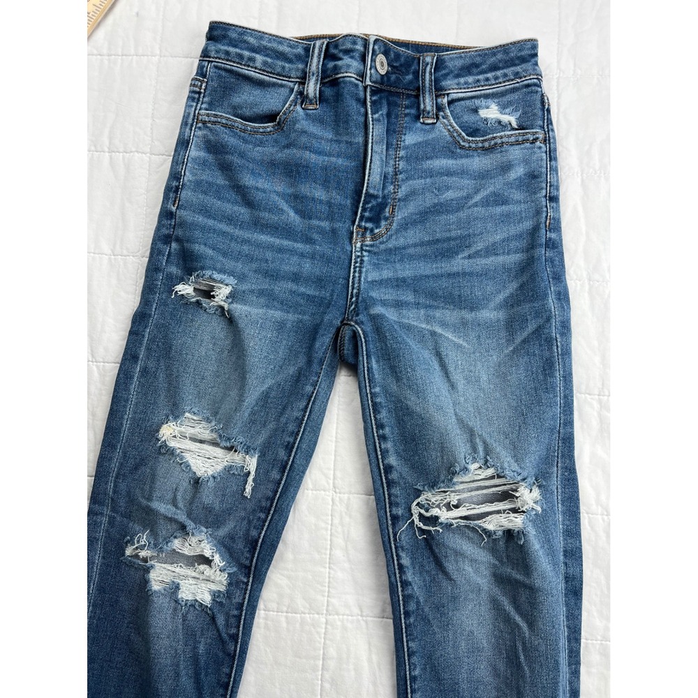 American Eagle Super Hi Rise Jegging Crop Jeans Distressed Blue Denim‎ Size 0S